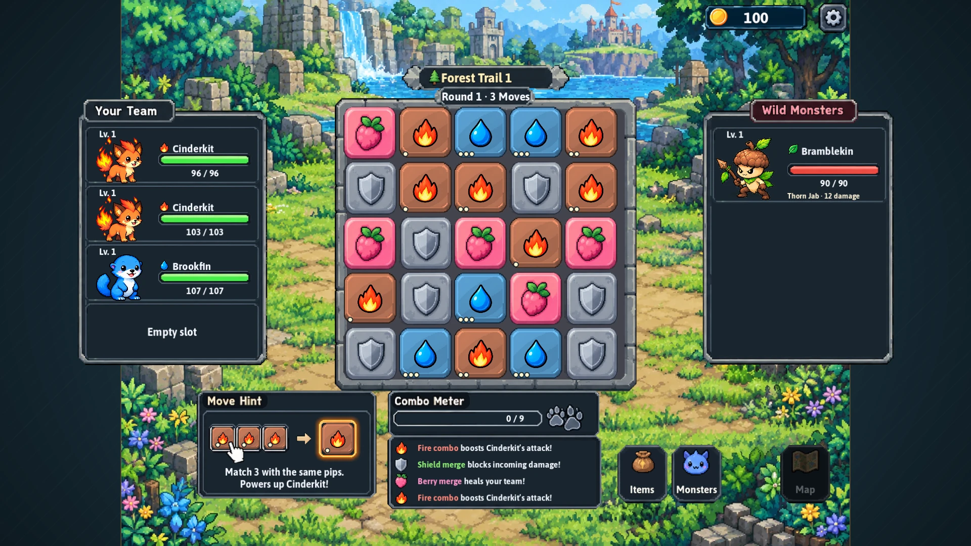 A puzzle battle in Forest Trail with the tile board between the player’s companions and a wild Bramblekin.
