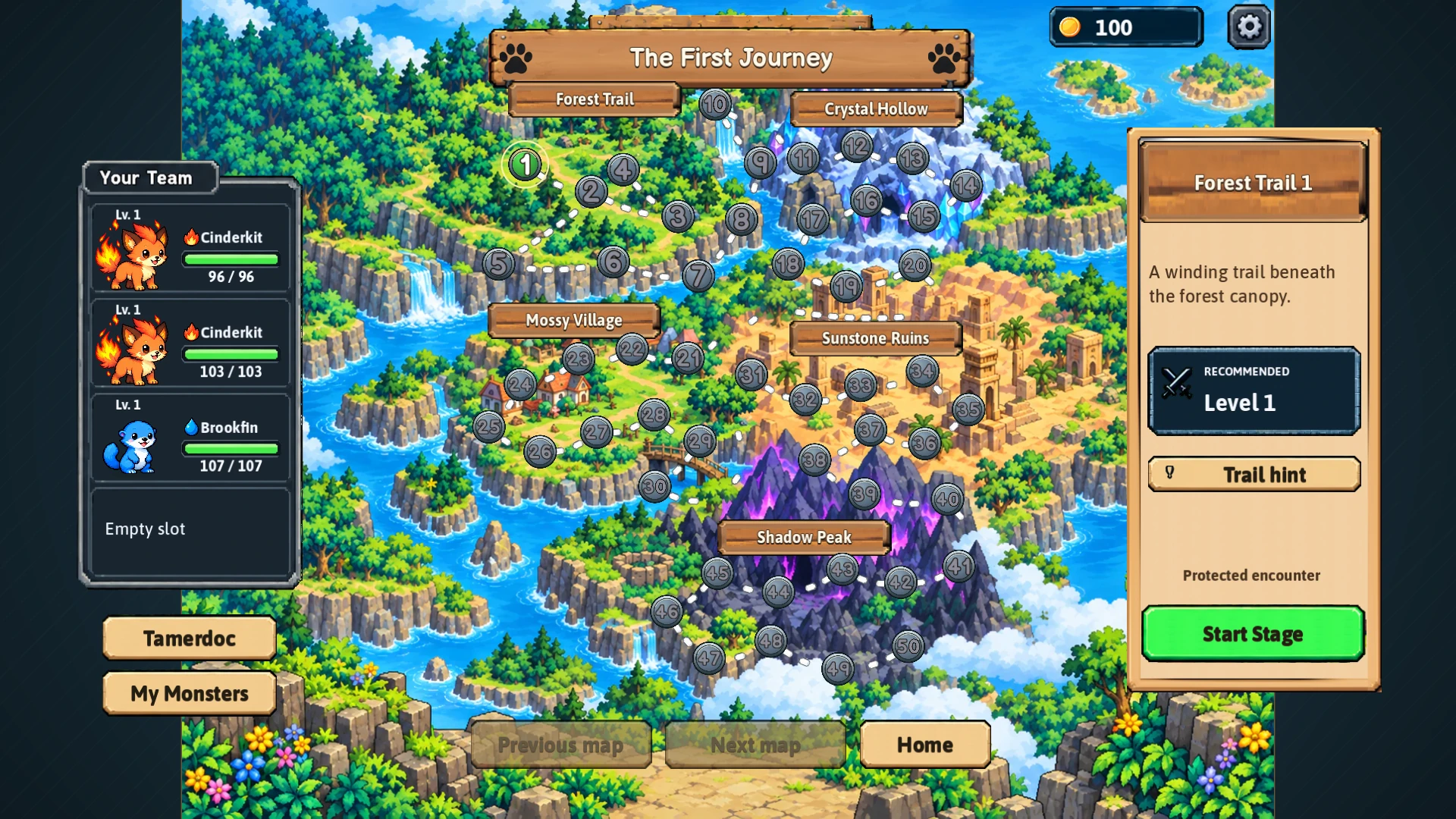 The First Journey map with a winding path through forests, crystal cliffs, villages and ruins.